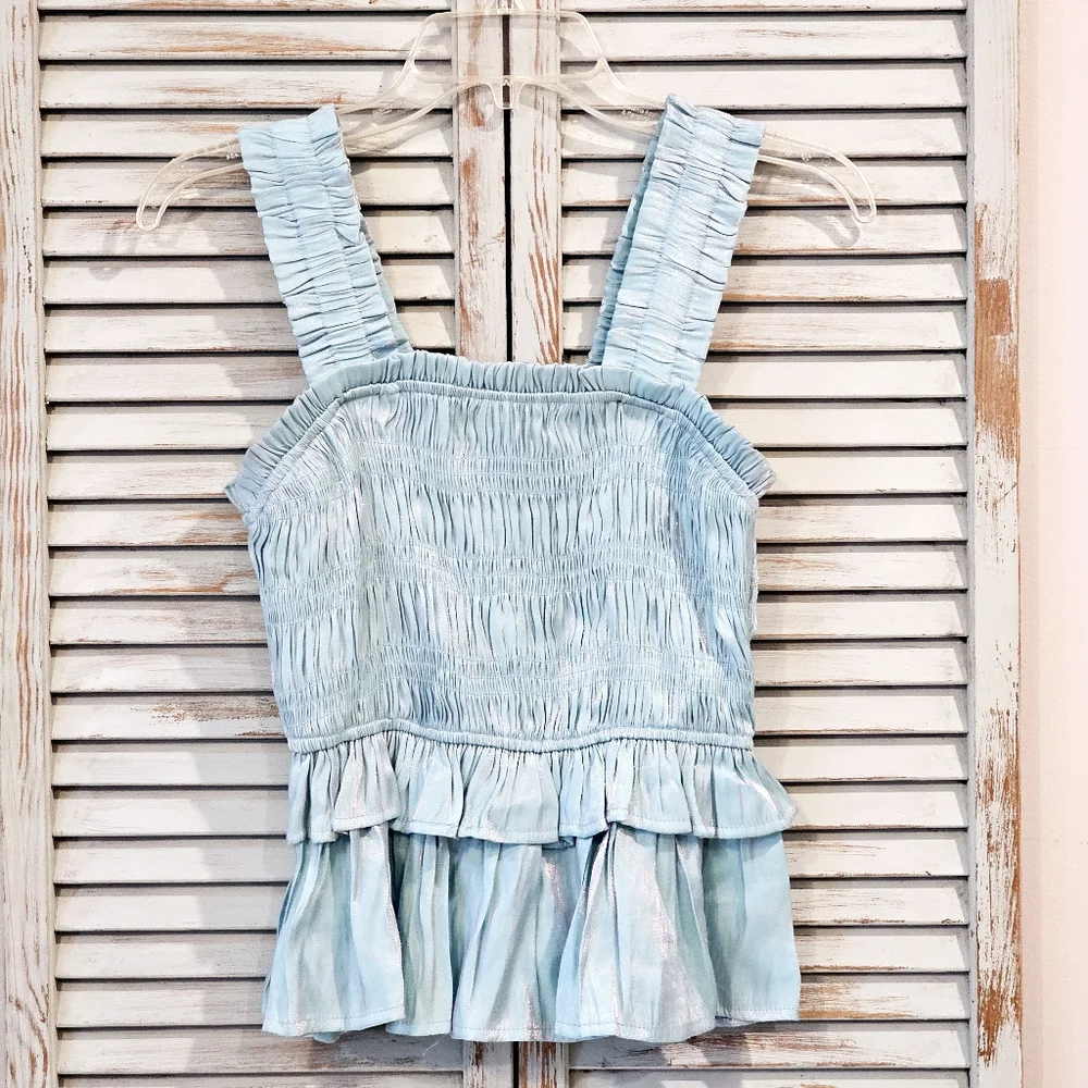 umgee Womens M Pastel Blue Dreamy Coquette Lolita Shimmery Smocked Halter Top - Picture 2 of 7